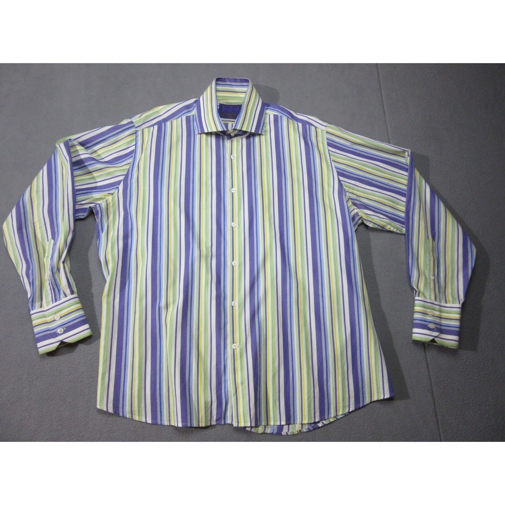 Curtis York Shirt Mens 2XL Blue Yellow Striped Office Button Up Career Dress